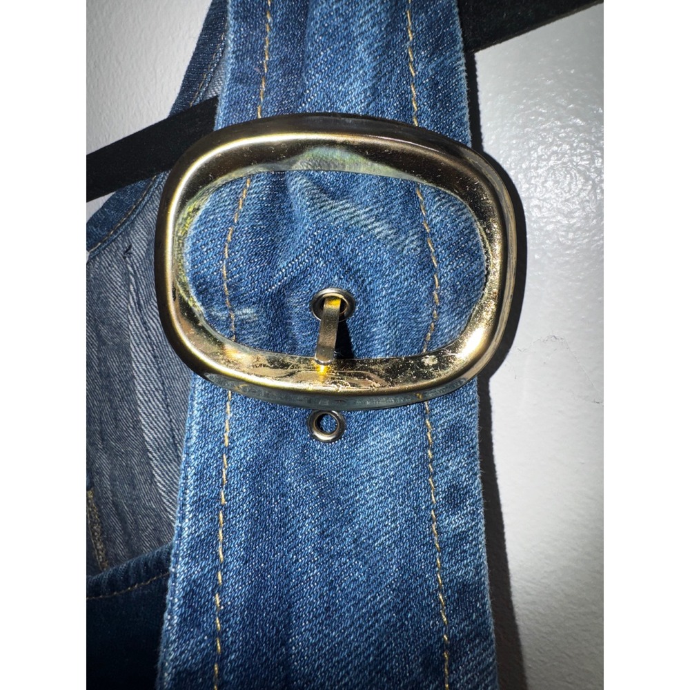 Vtg 90s S/M Blue Denim Overall Pinafore Jumper Dress Gold Button Front USA - Picture 4 of 8
